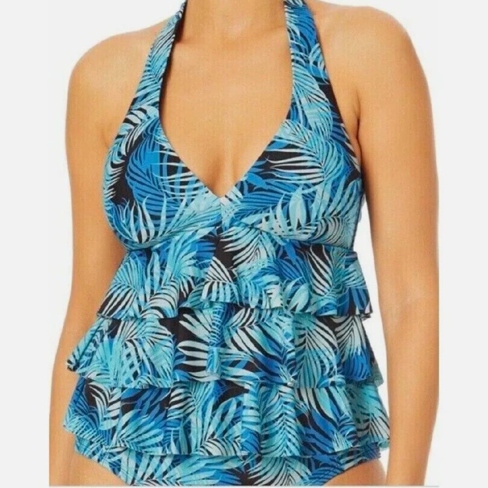 Time and Tru Women's Size M Palm Printed Ruffle Tiered Tankini Swim Top Halter